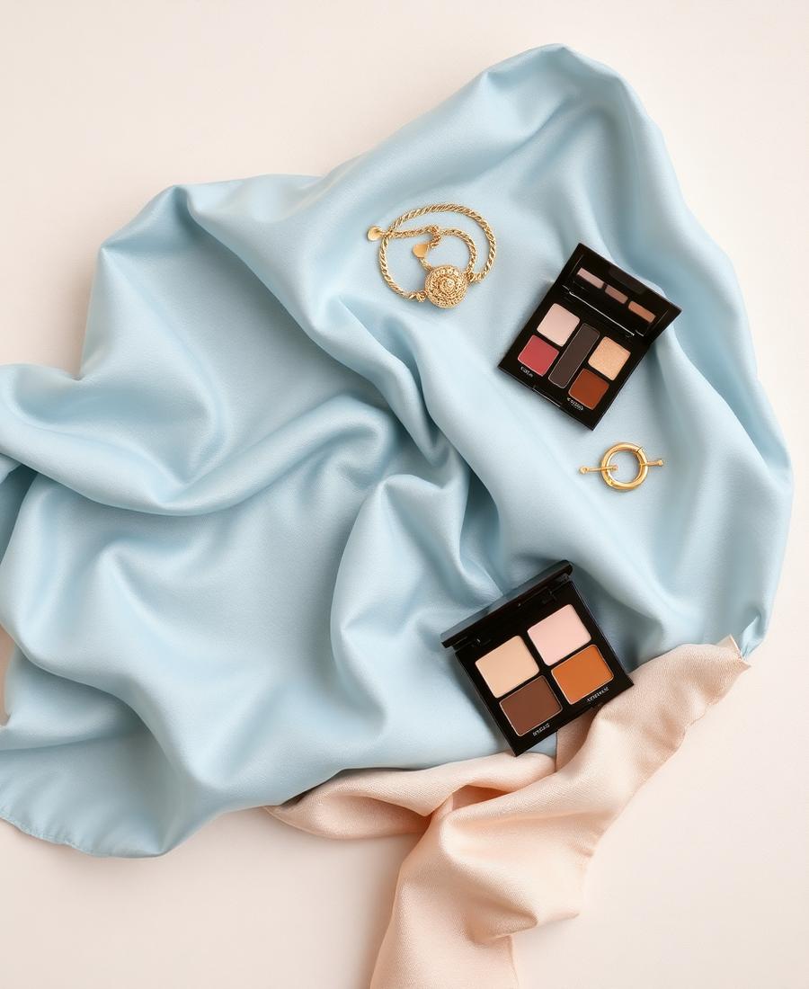Seda celeste, joyería dorada y paletas de maquillaje