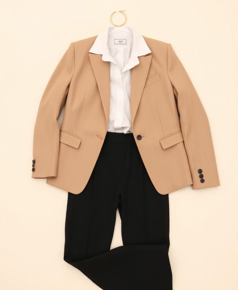 Outfit clásico con blazer camel, camisa blanca y pantalón negro