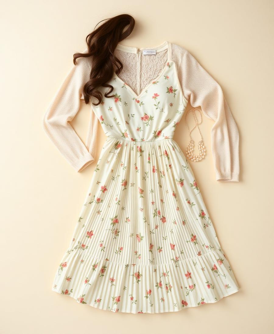 Vestido floral romántico con cárdigan y collar de perlas