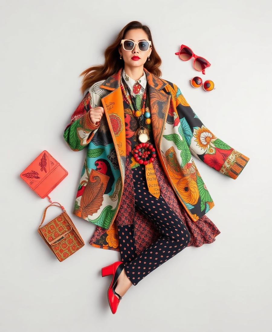 Outfit creativo con chaqueta estampada y accesorios de color