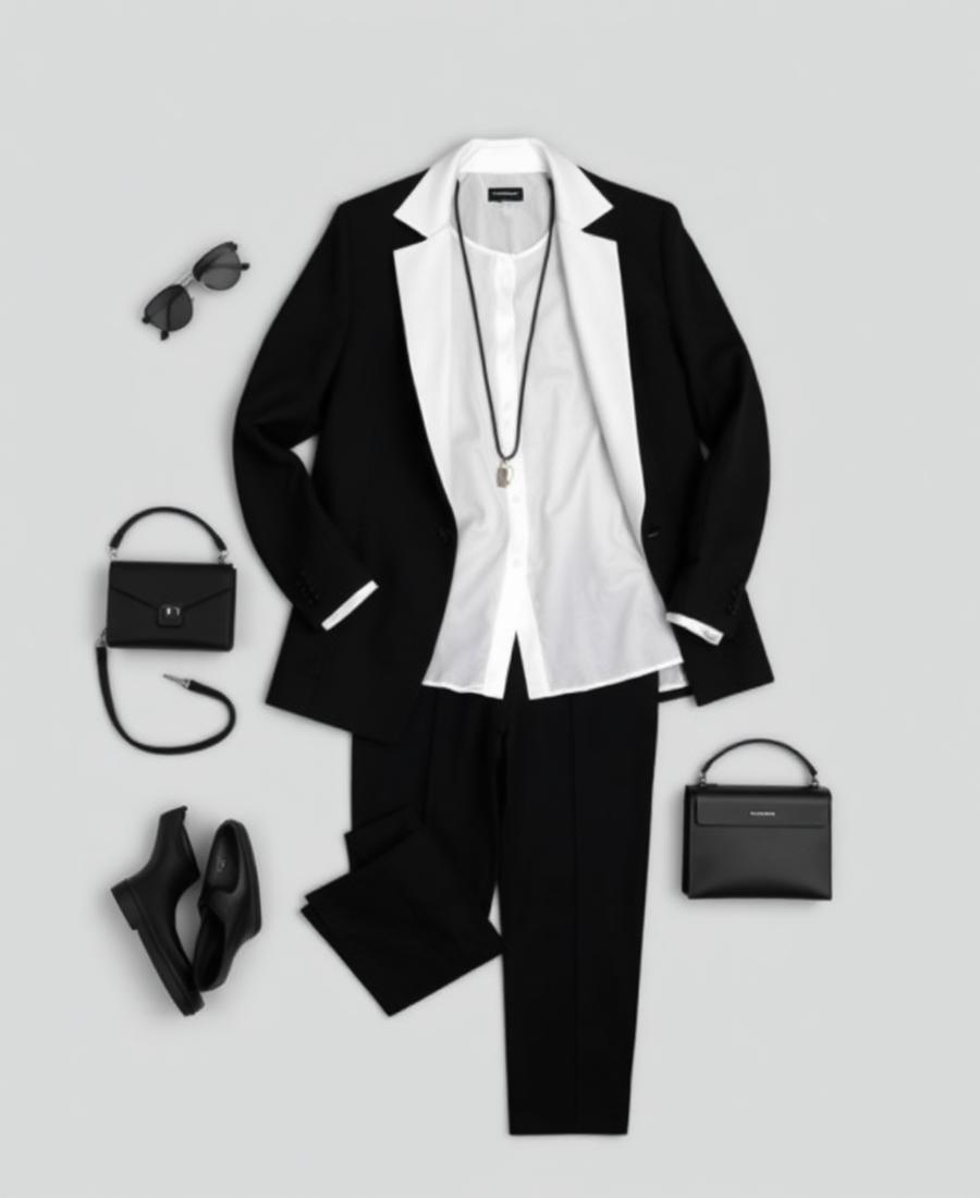 Outfit minimalista en blanco y negro con blazer y bolsos