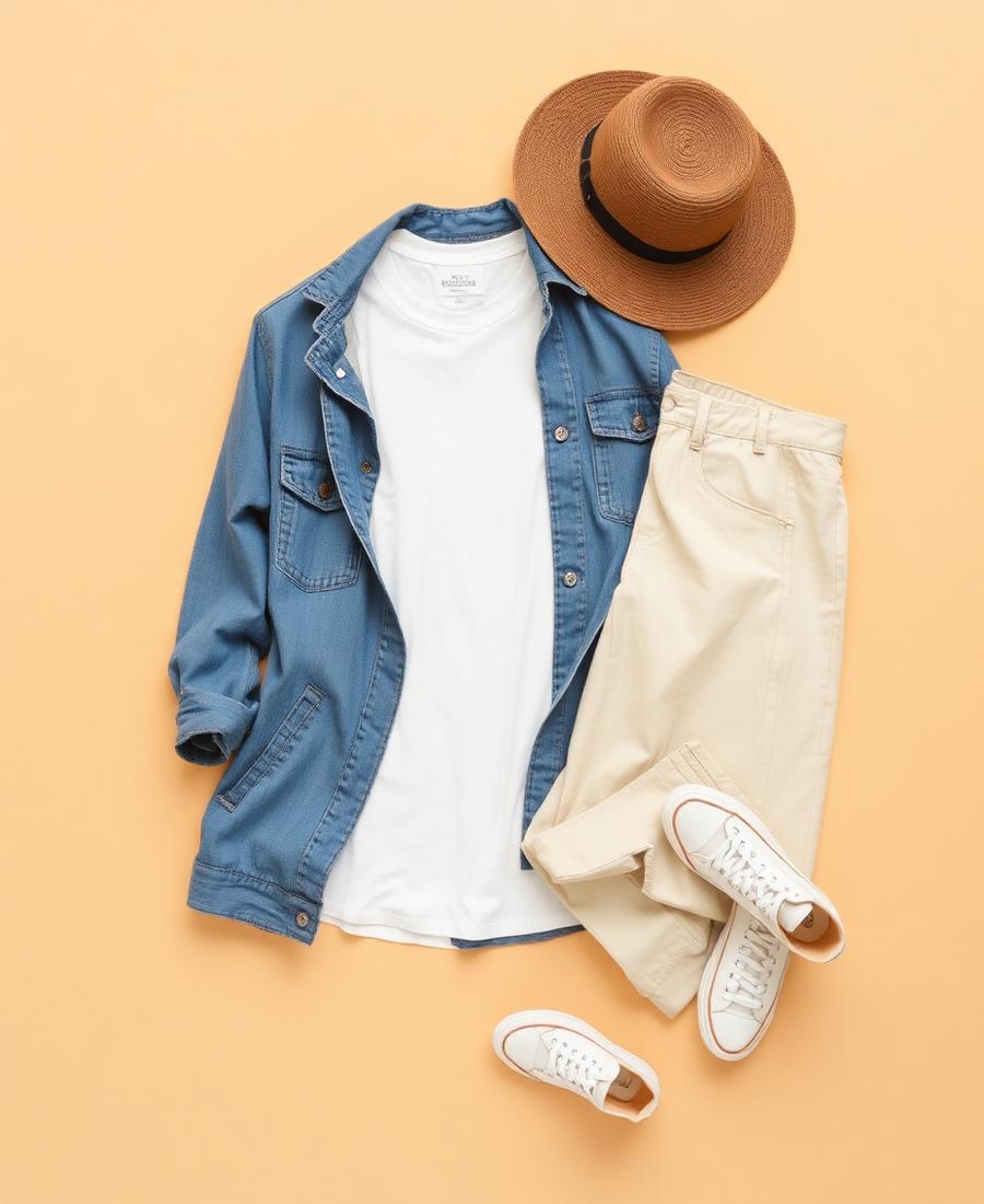 Outfit natural con chaqueta denim, camiseta blanca y pantalón beige